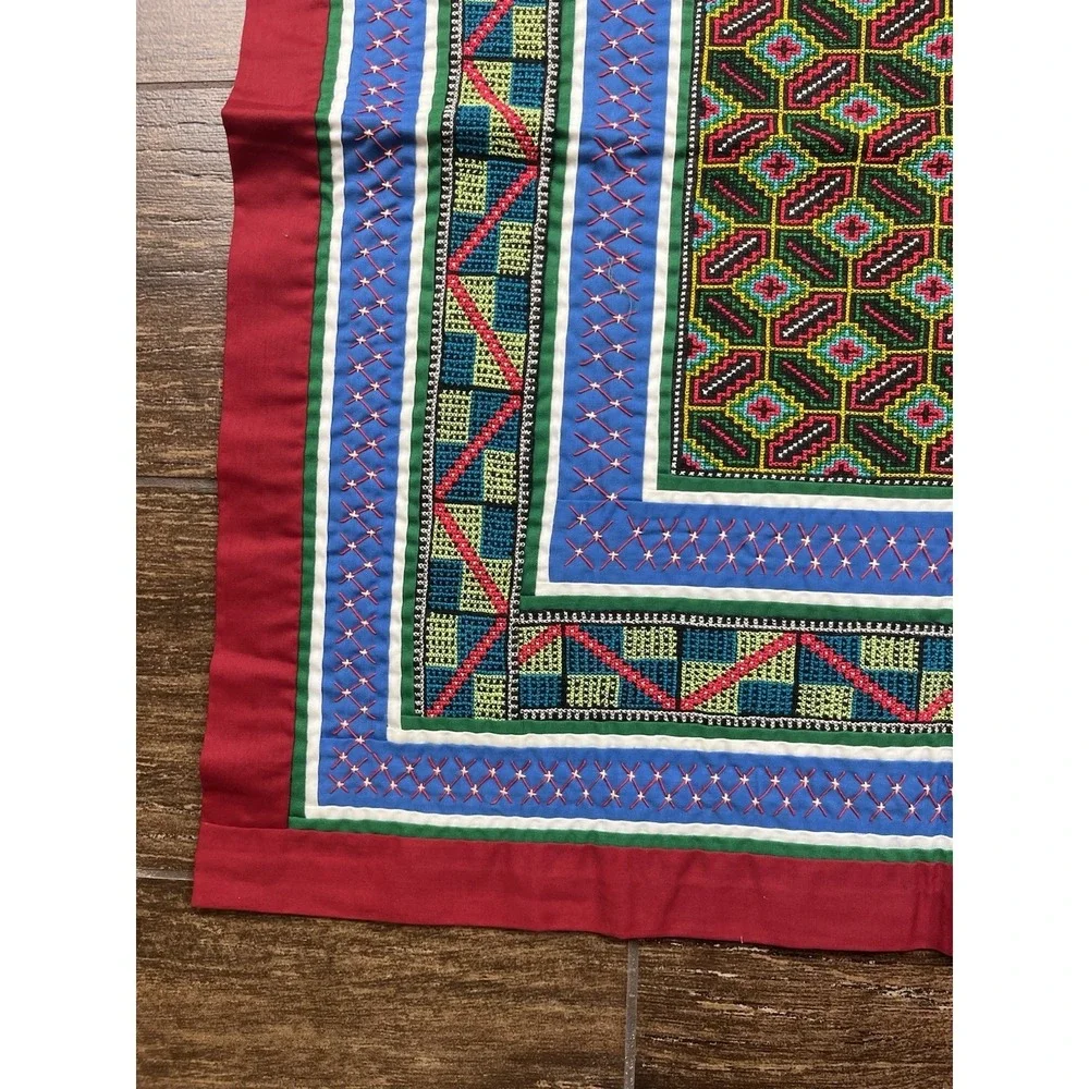Vintage Hmong Embroidered Handmade Folk Art Cloth Wall Art Quilt Block 21 X 22